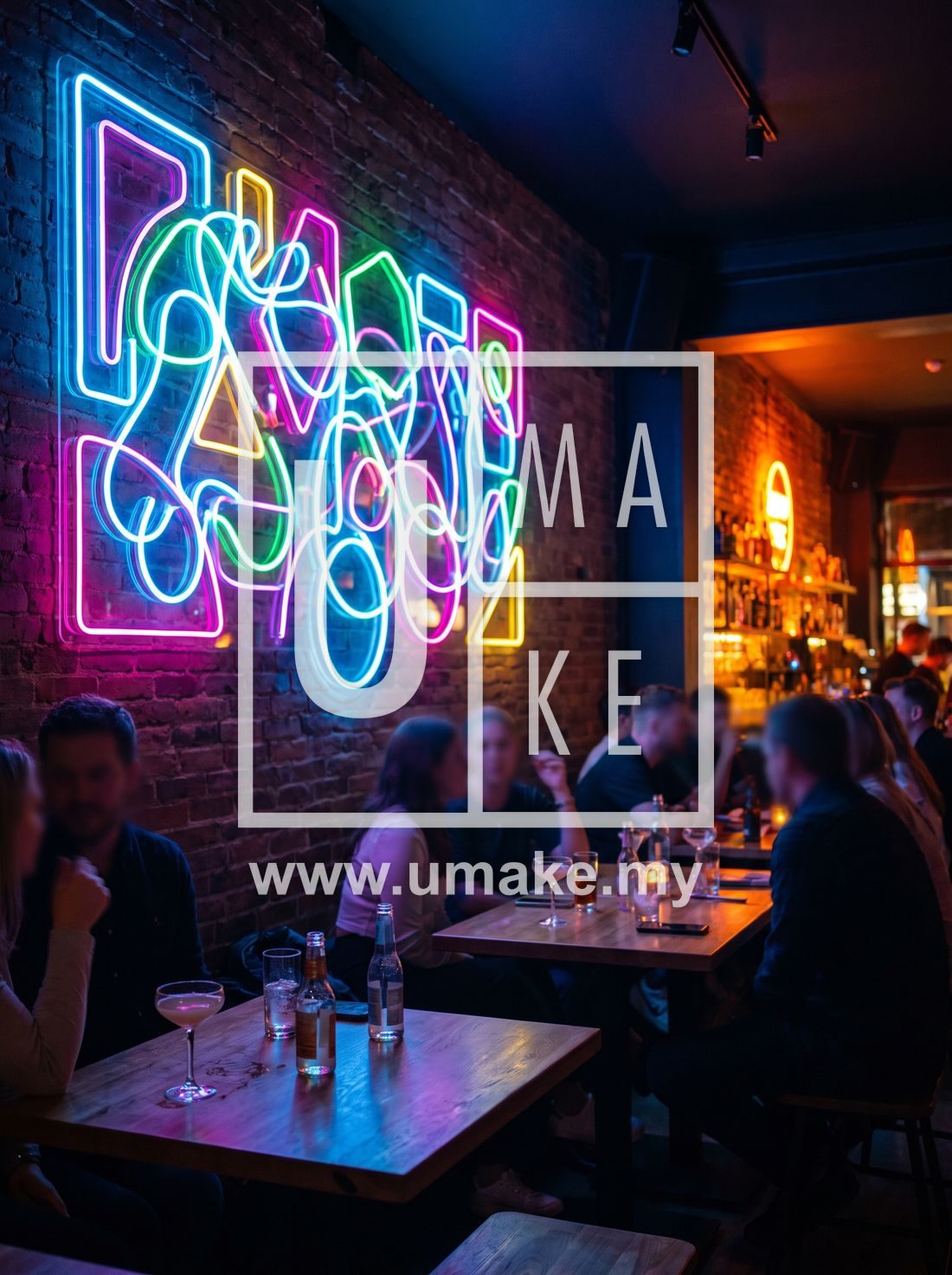 A colourful LED neon sign glowing in a dark trendy bar at night