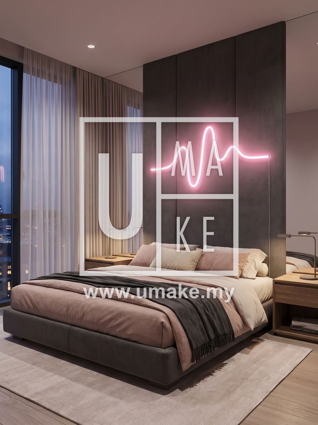 A modern bedroom with a soft pink neon light sign above the headboard