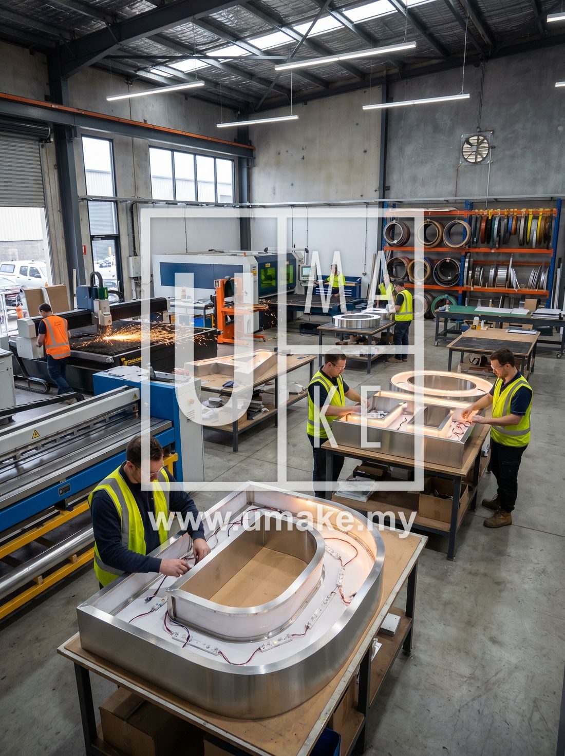 A modern signage fabrication workshop with workers assembling illuminated 3D box-up letters