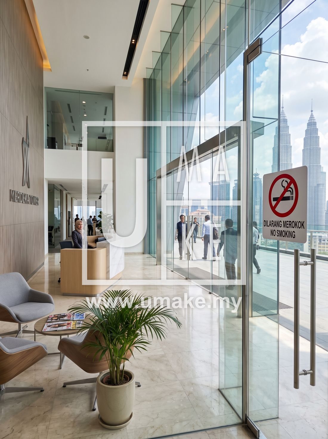 No smoking sign in a Malaysian office reception lobby