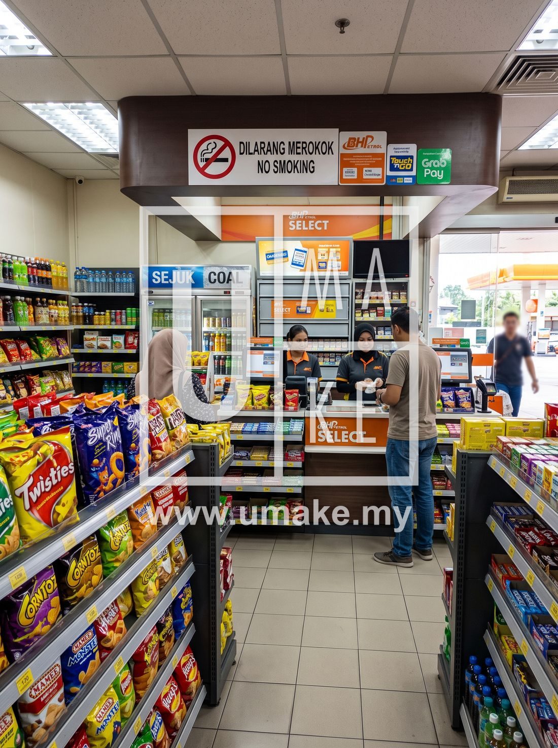 No smoking sign above a Malaysian petrol station mart counter