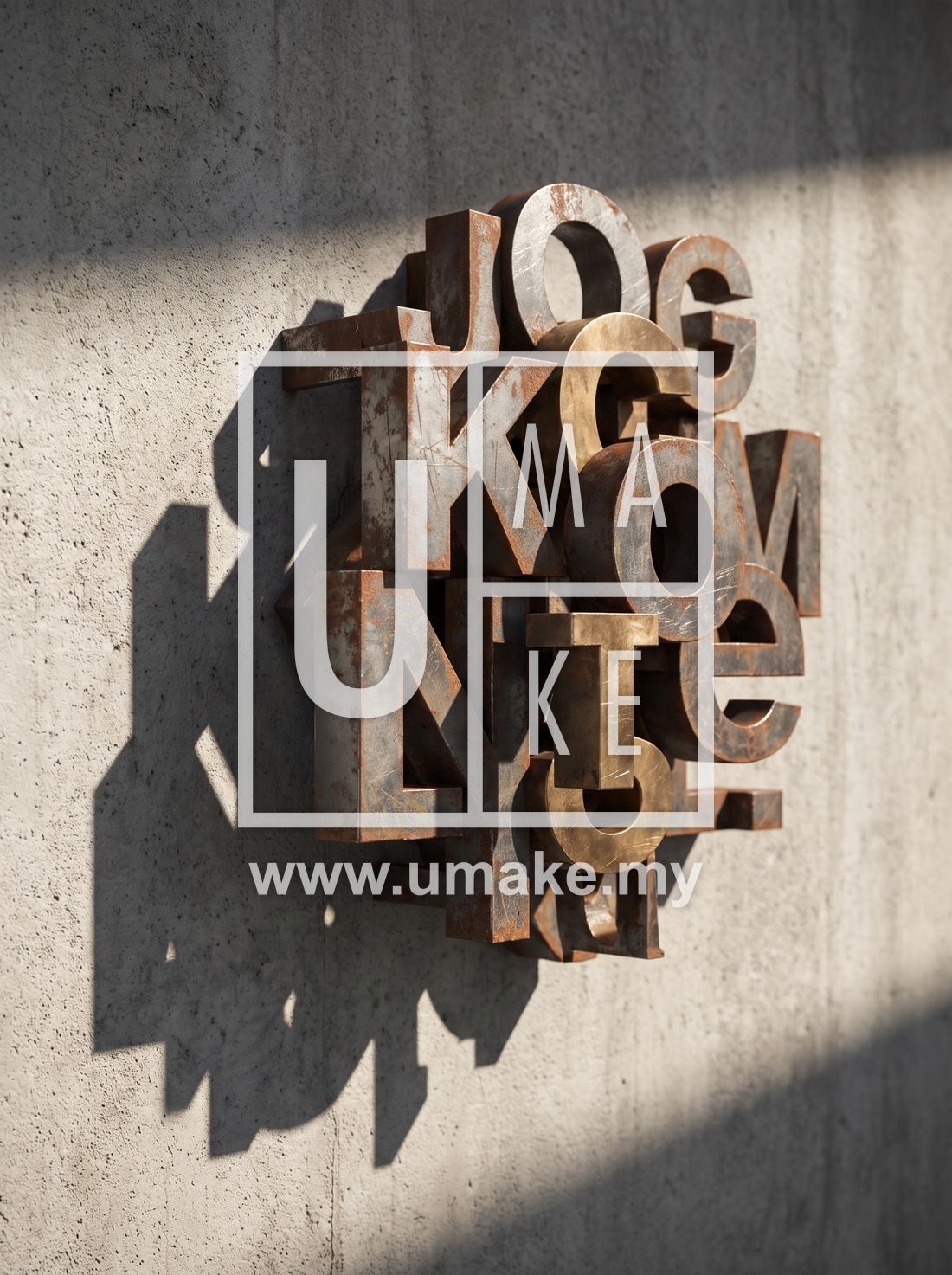 A close-up of 3D metal letters casting a shadow on a wall
