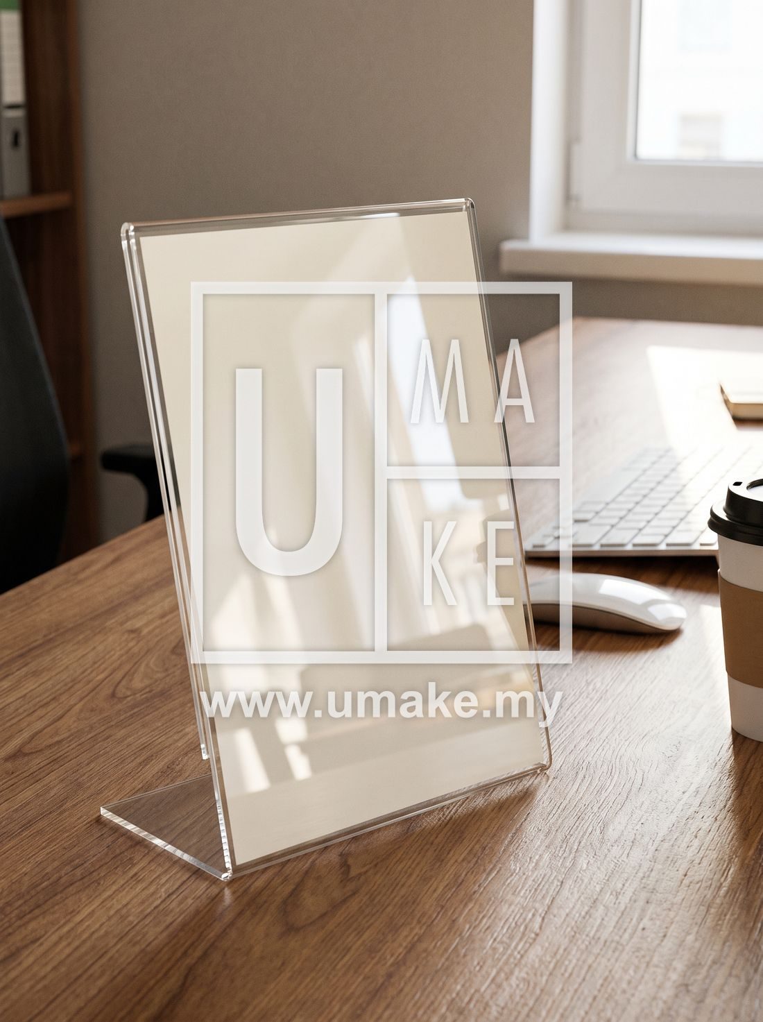 An acrylic L-shape sign stand on a desk