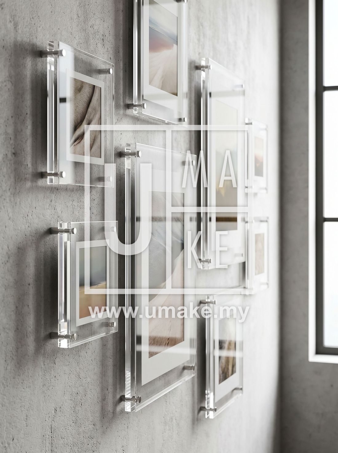 Floating acrylic photo frames on a wall