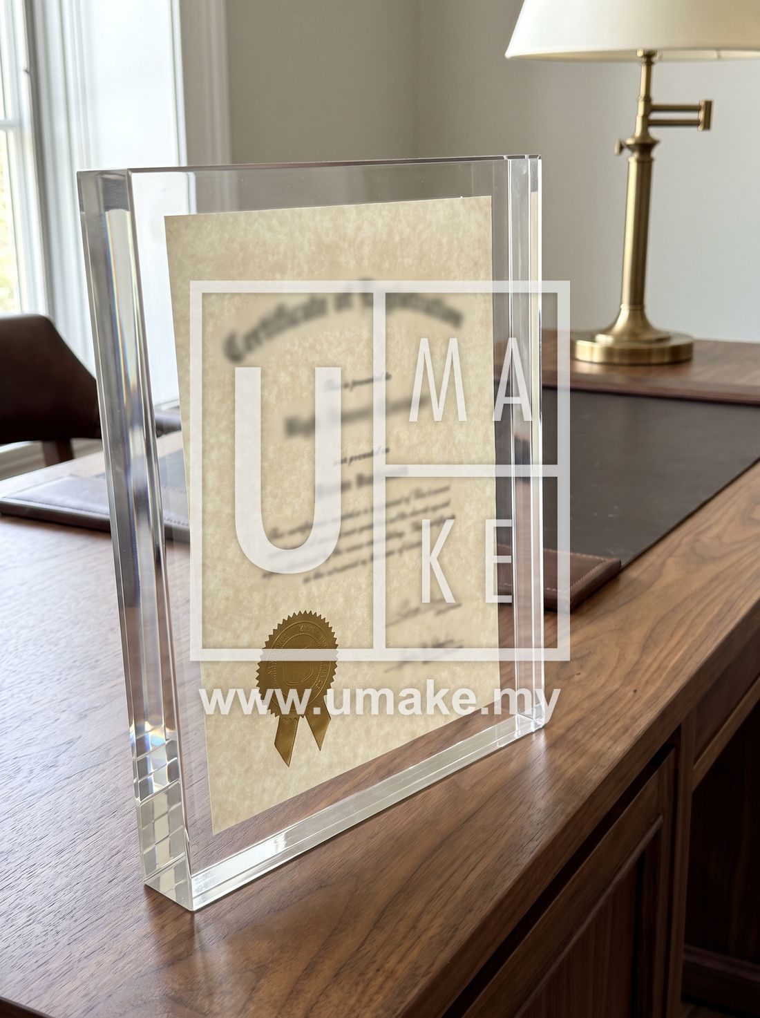 A premium thick acrylic frame holding a certificate