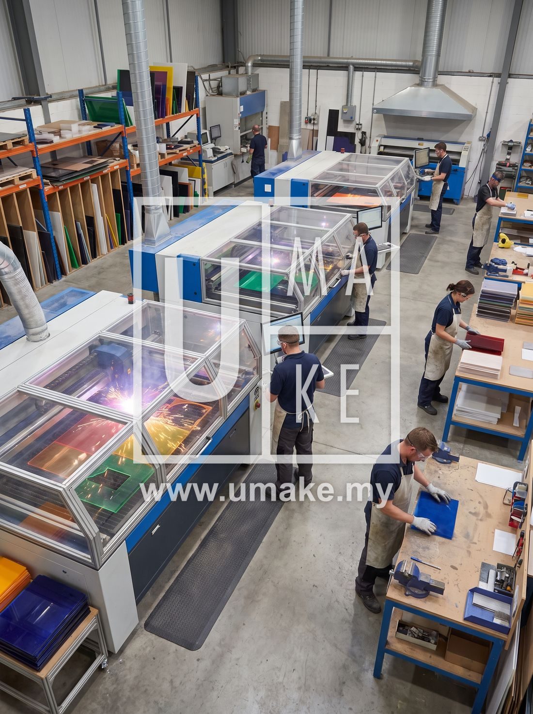 An acrylic manufacturing workshop with laser cutting machines