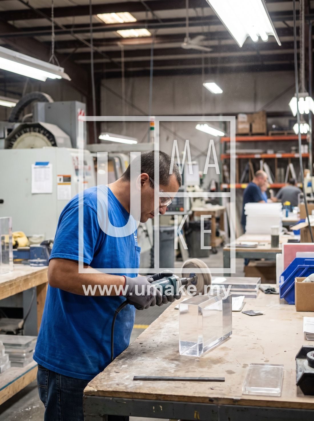 A worker polishing an acrylic product edge in a factory