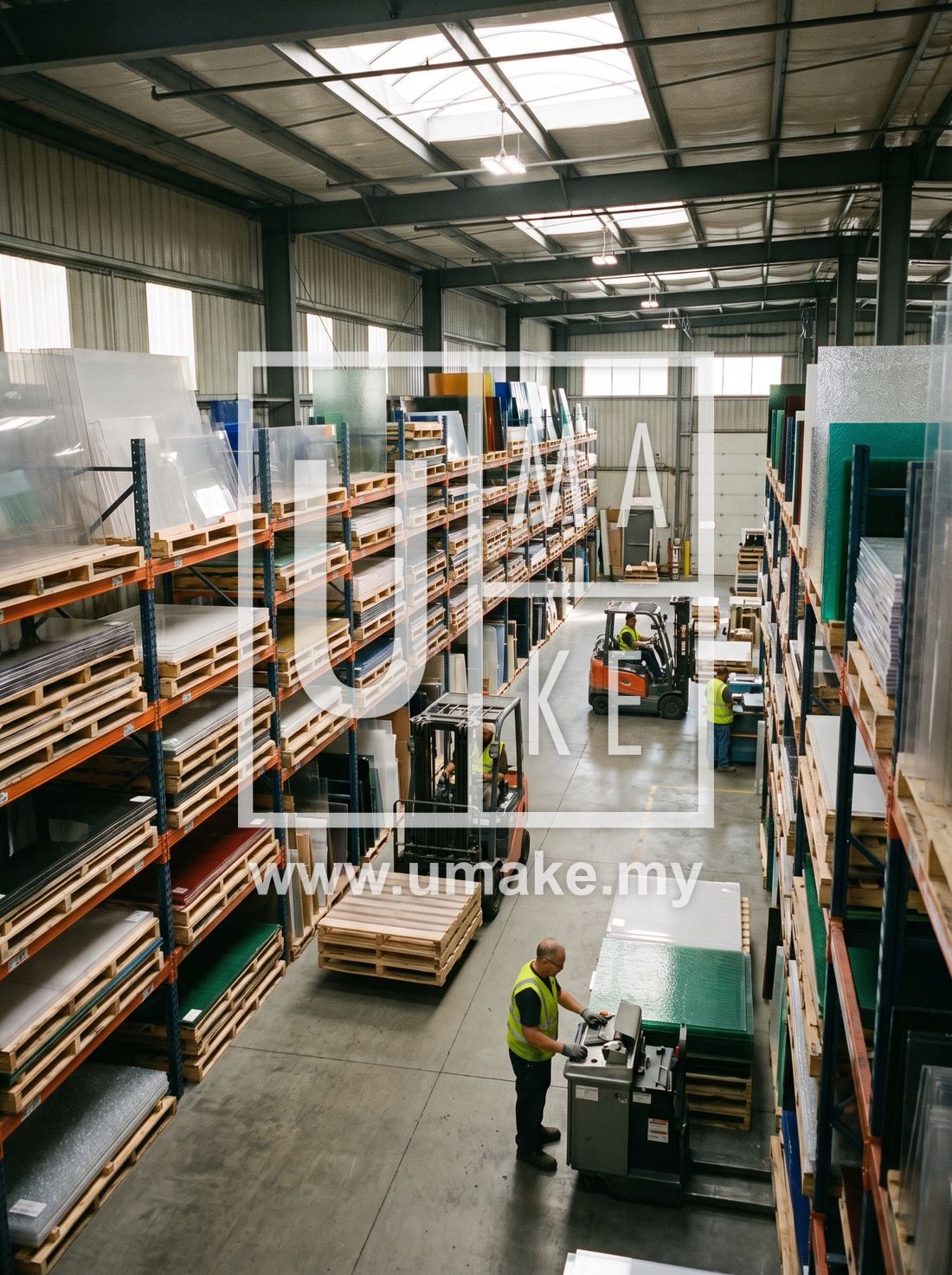 An acrylic sheet supplier warehouse with rows of stock