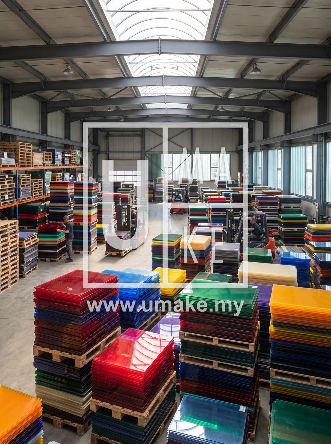 A large warehouse stacked with acrylic sheets of many colours