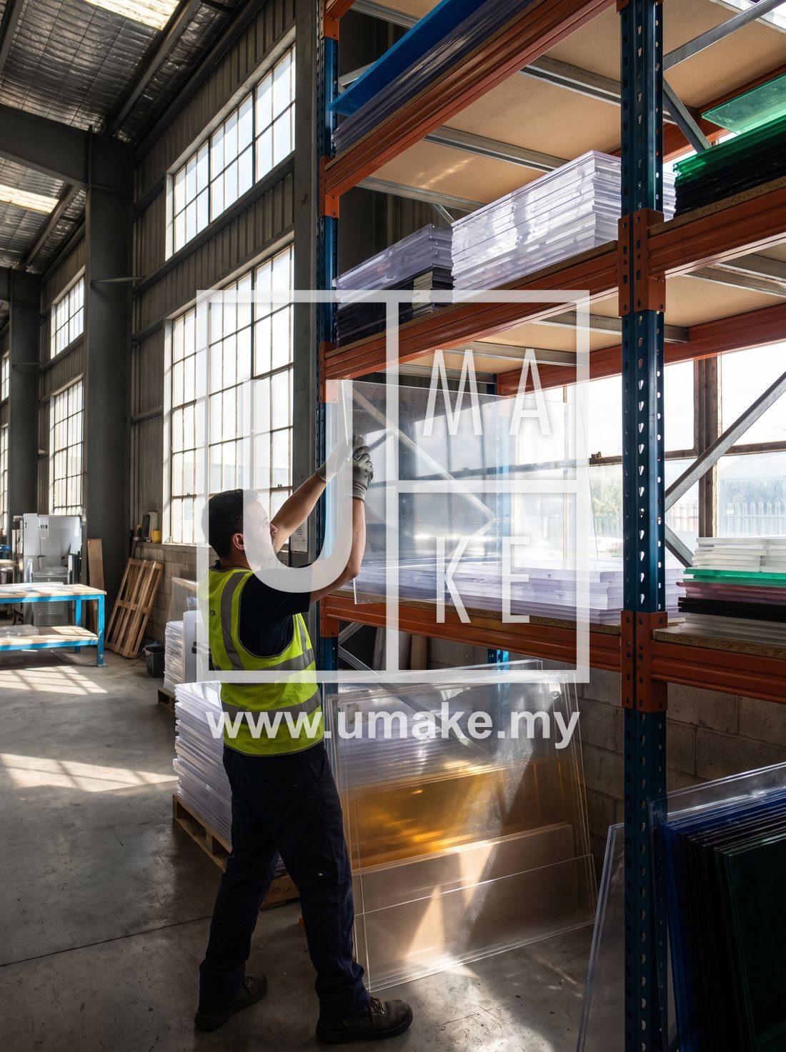 A worker loading acrylic sheets onto a shelf