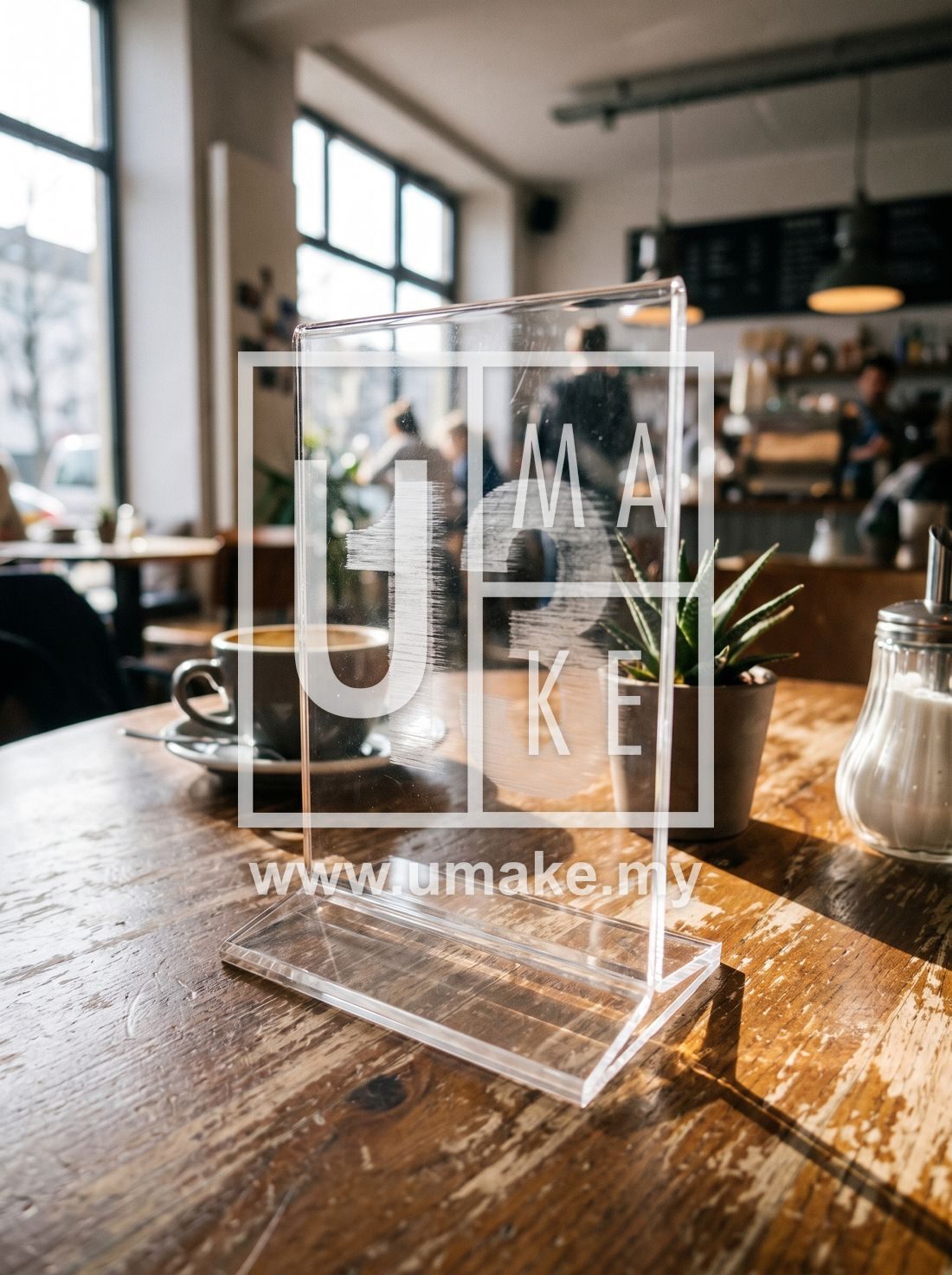 A clear acrylic table number on a cafe table
