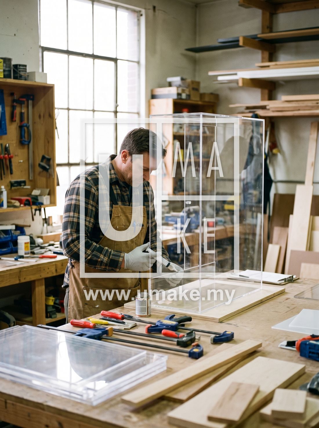 A worker assembling a custom clear acrylic display case in a workshop