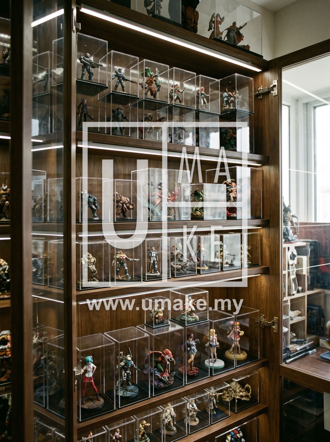 A collector shelf with figurines inside clear acrylic cases