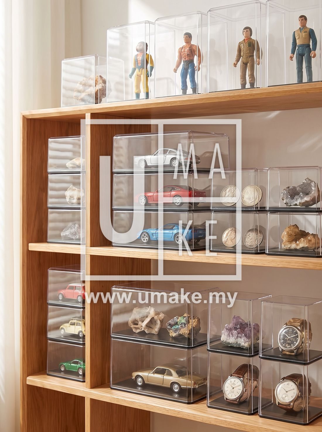Various collectible items displayed in dustproof acrylic boxes