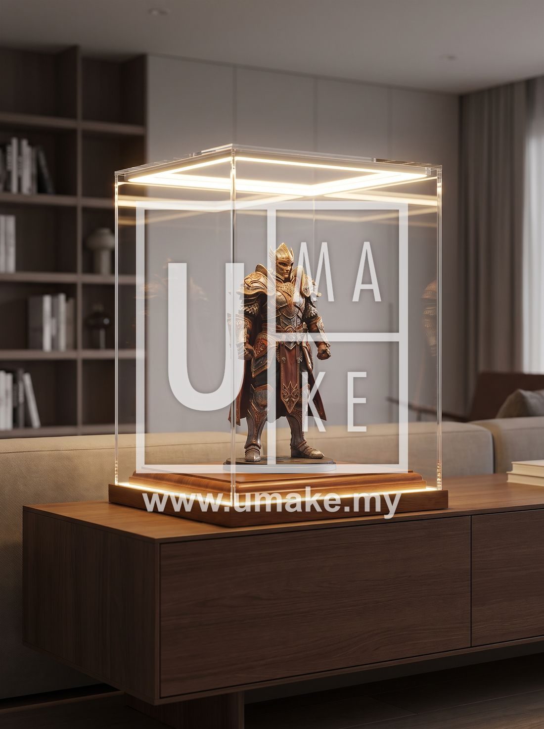 A premium acrylic display case with LED lighting and a figurine