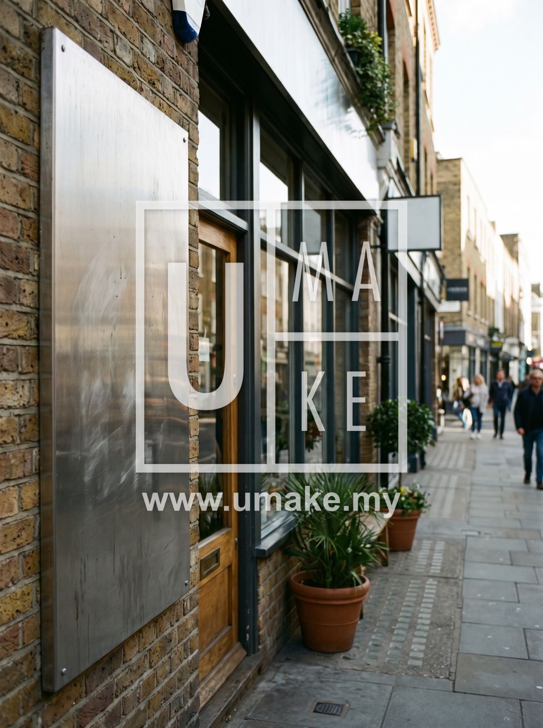 An outdoor stainless steel business signboard on a shopfront