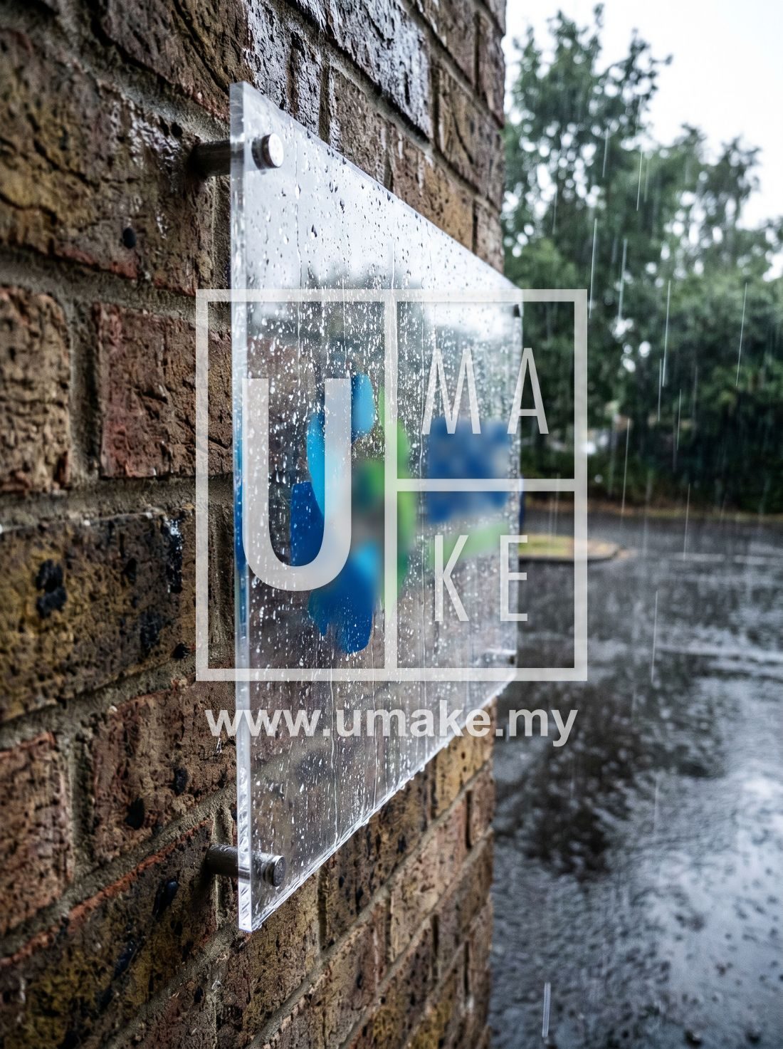A weatherproof acrylic outdoor sign in the rain