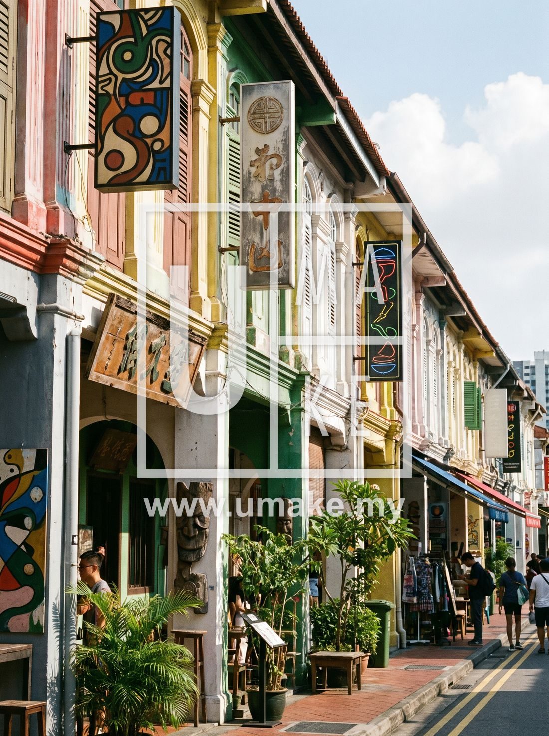 A row of shophouses with different outdoor signboards
