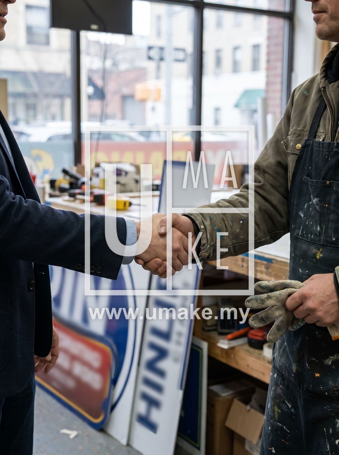 A handshake between a business owner and a signage maker