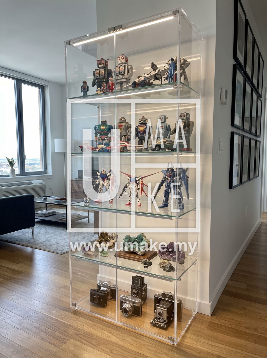 A tall acrylic display cabinet showcasing collectibles