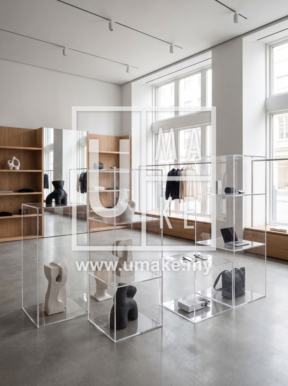 A modern retail store with sleek acrylic display cases