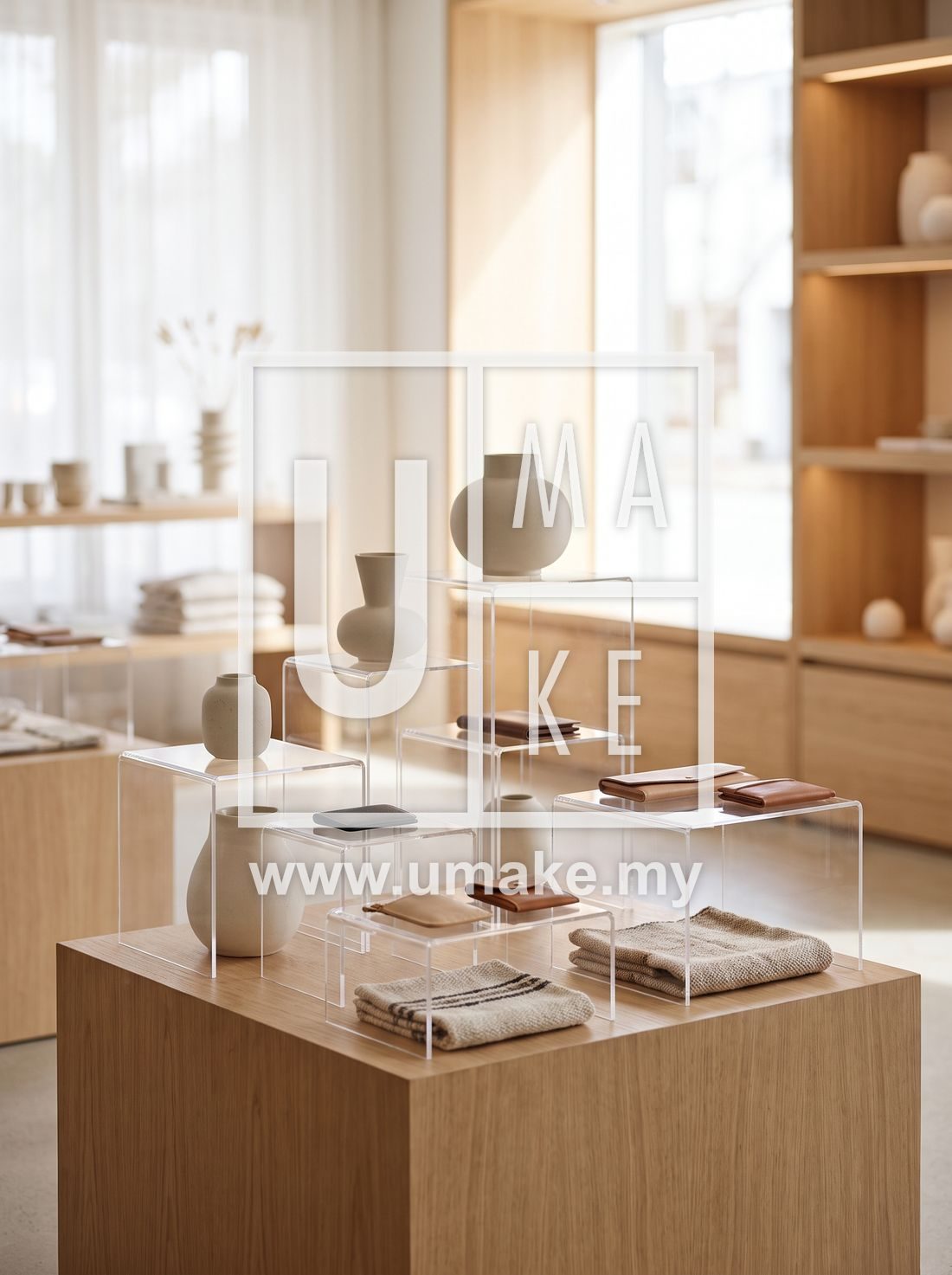 A well-designed product display using clear acrylic risers