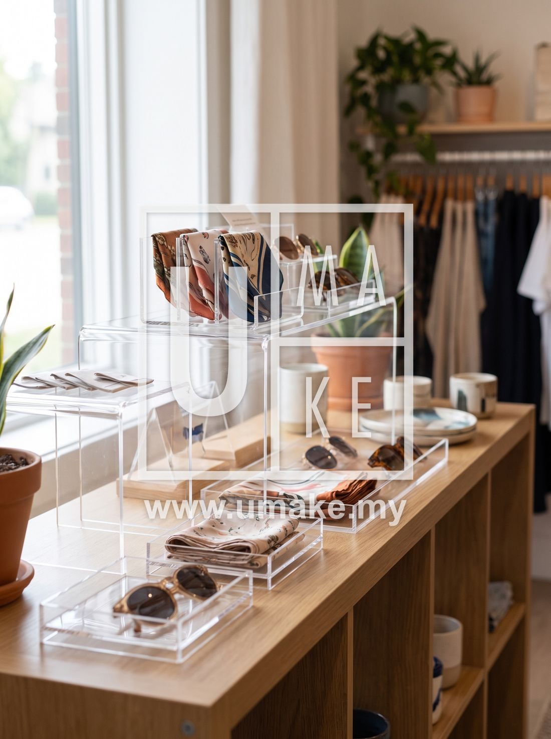A boutique shelf styled with acrylic display holders