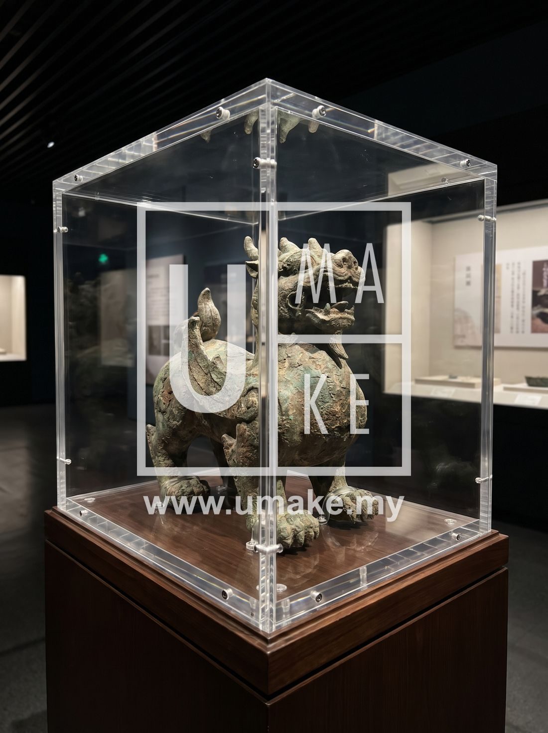 A thick acrylic display case holding a heavy collectible