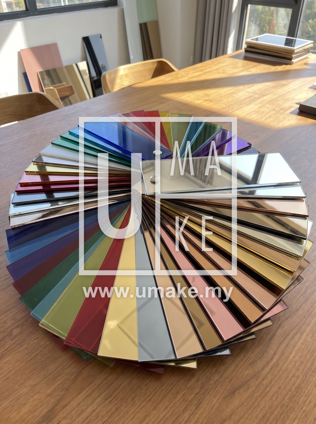 A fanned display of tinted and mirror acrylic samples