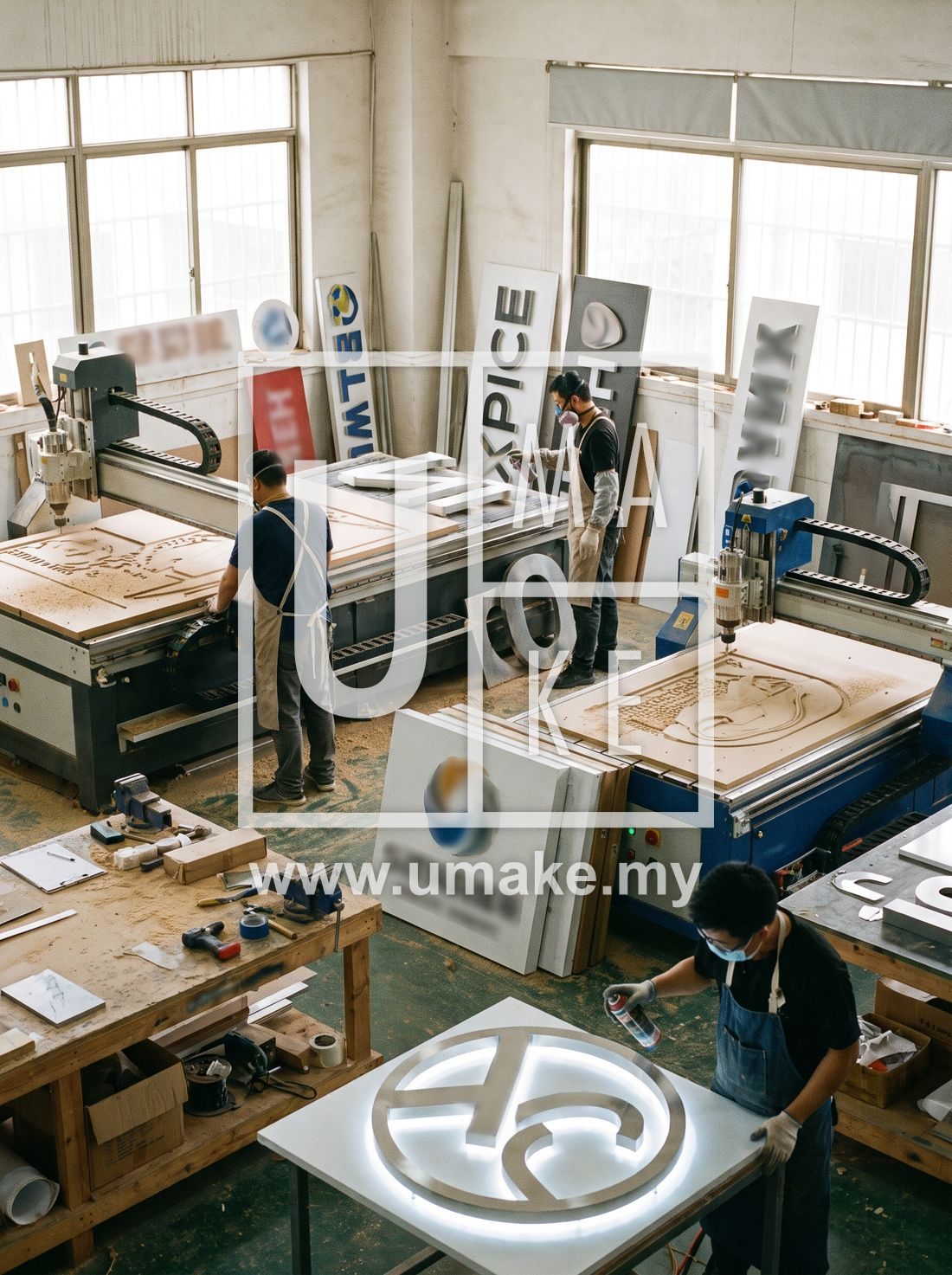 A signage company workshop with signs being made