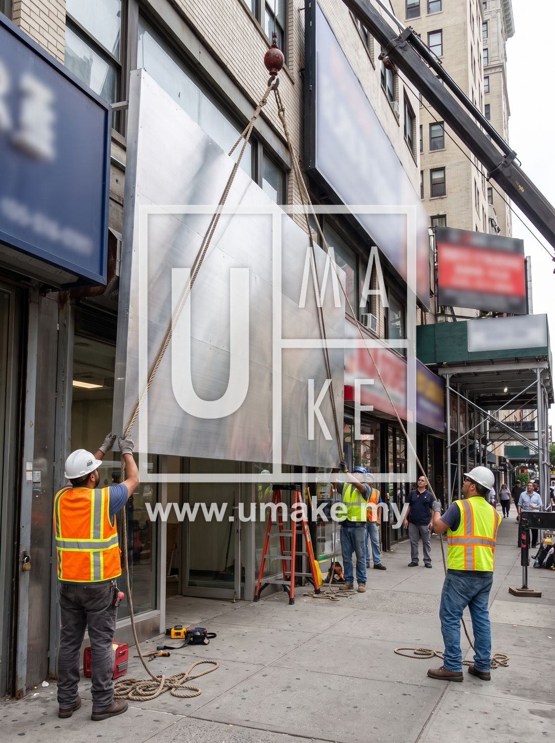 A team installing a large shopfront signboard
