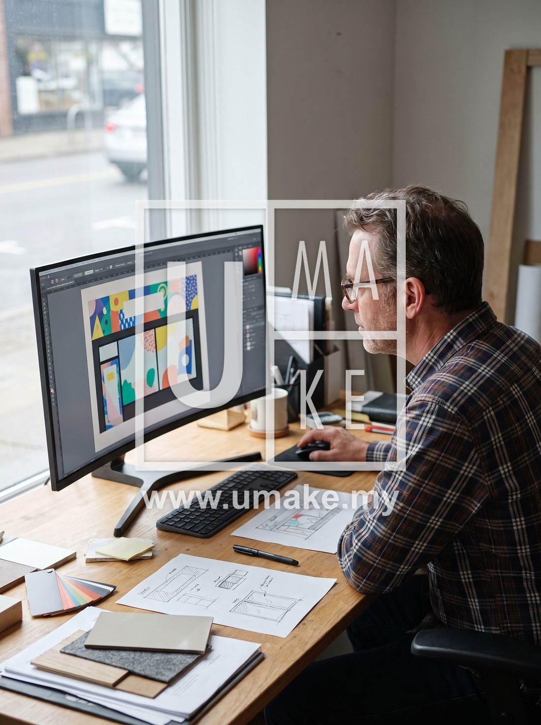 A signboard designer reviewing a design on a computer