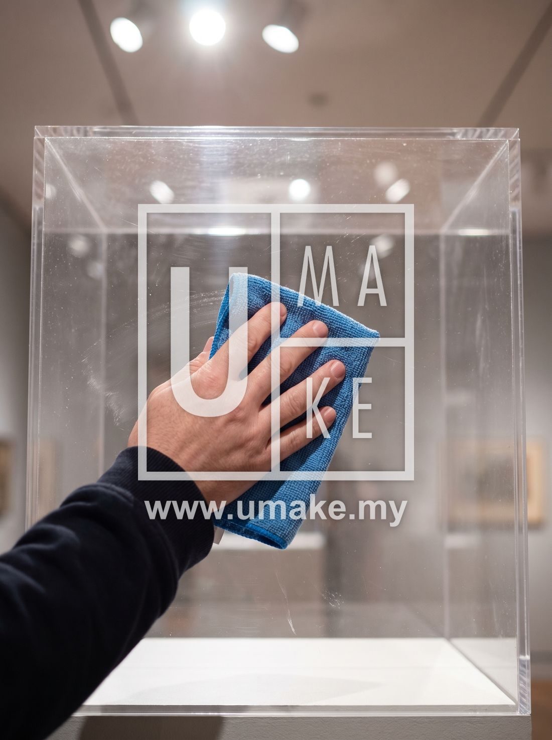 A hand wiping a clear acrylic display case with a microfibre cloth
