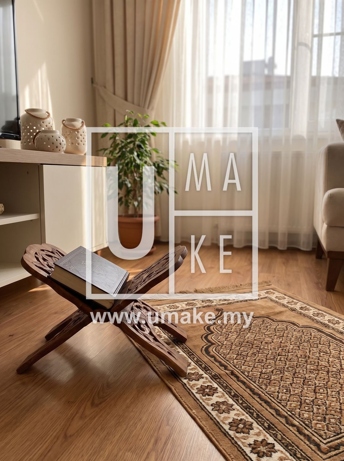 A serene home prayer corner with a wooden Quran stand and prayer mat