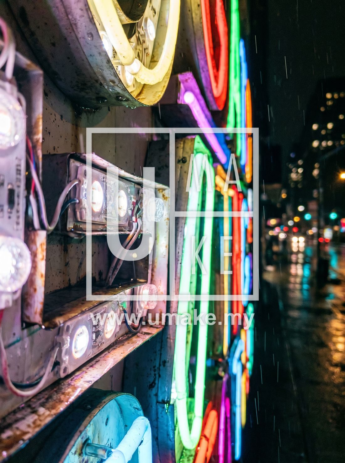 Close-up of illuminated LED letters on a sign