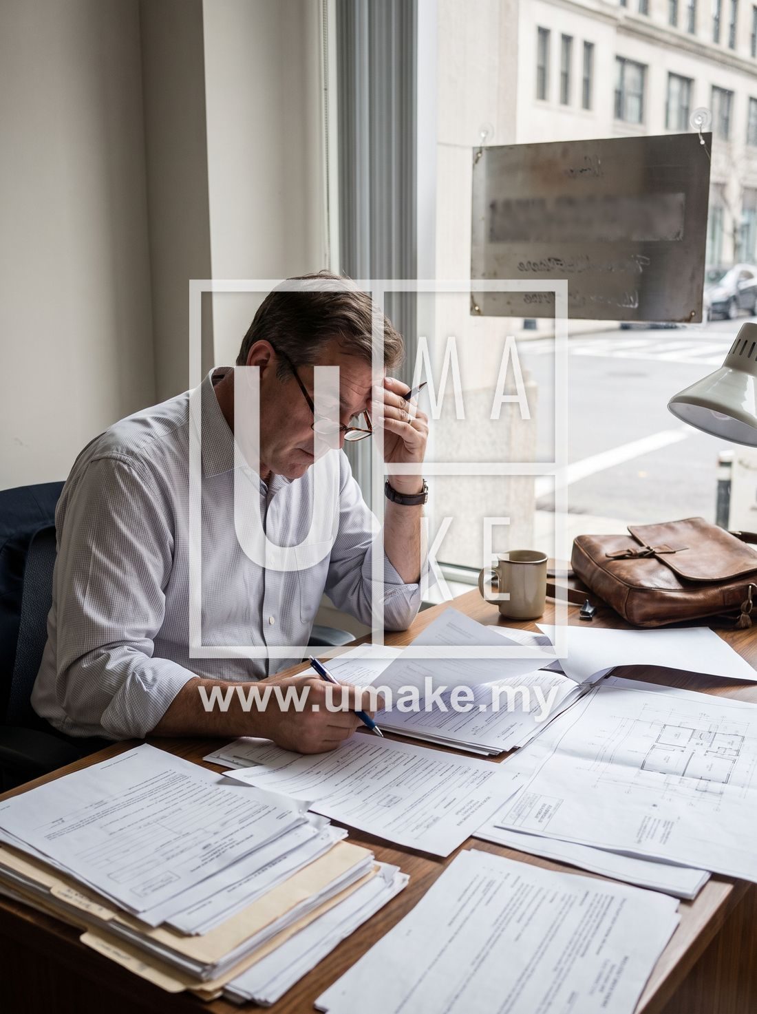 A business owner reviewing signboard licence paperwork at a desk
