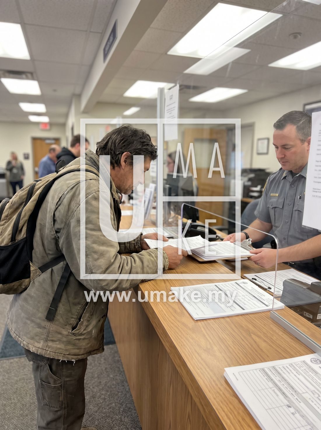 A person submitting a signboard licence form at a counter
