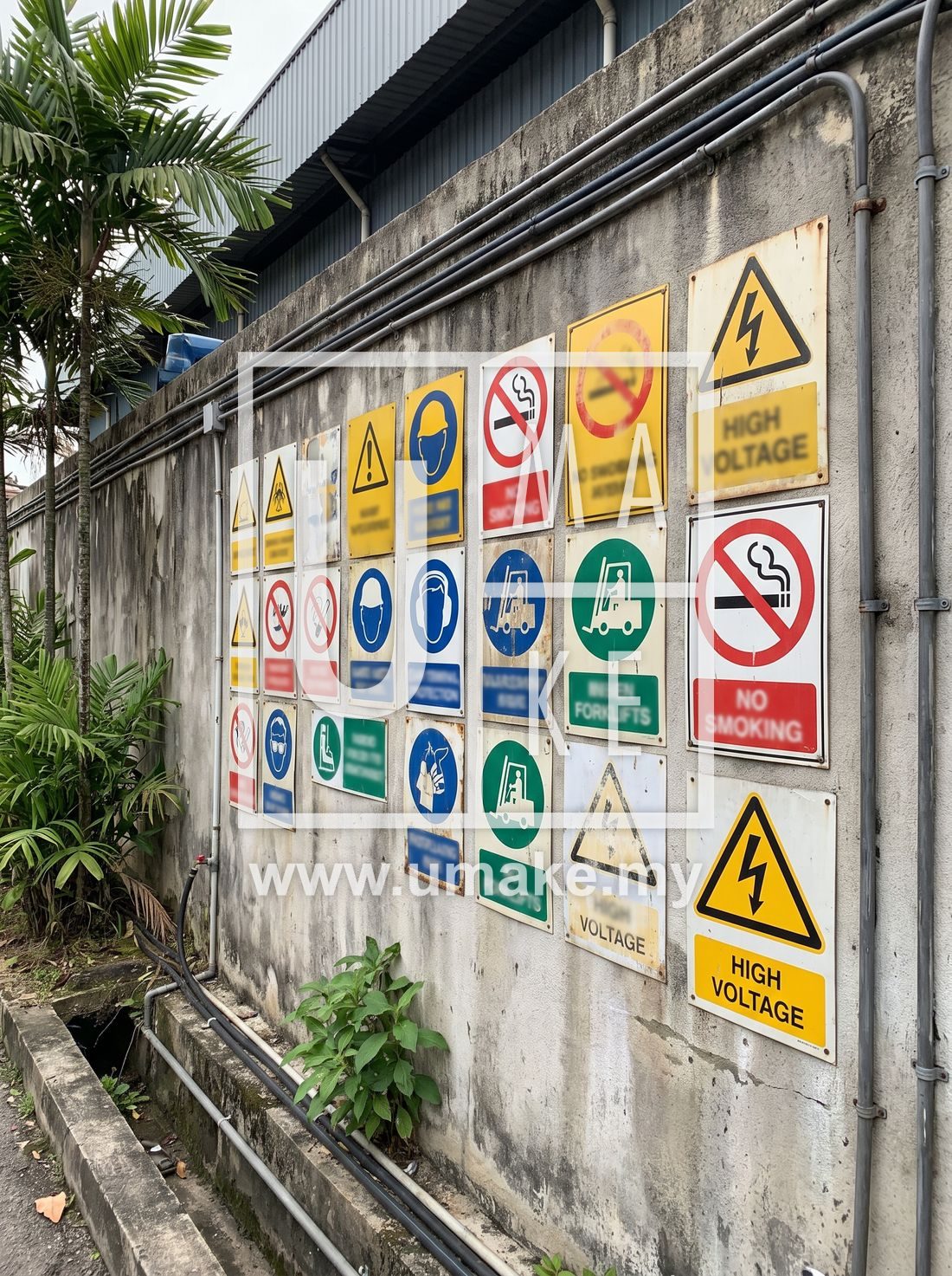 A Malaysian factory wall with assorted safety signs