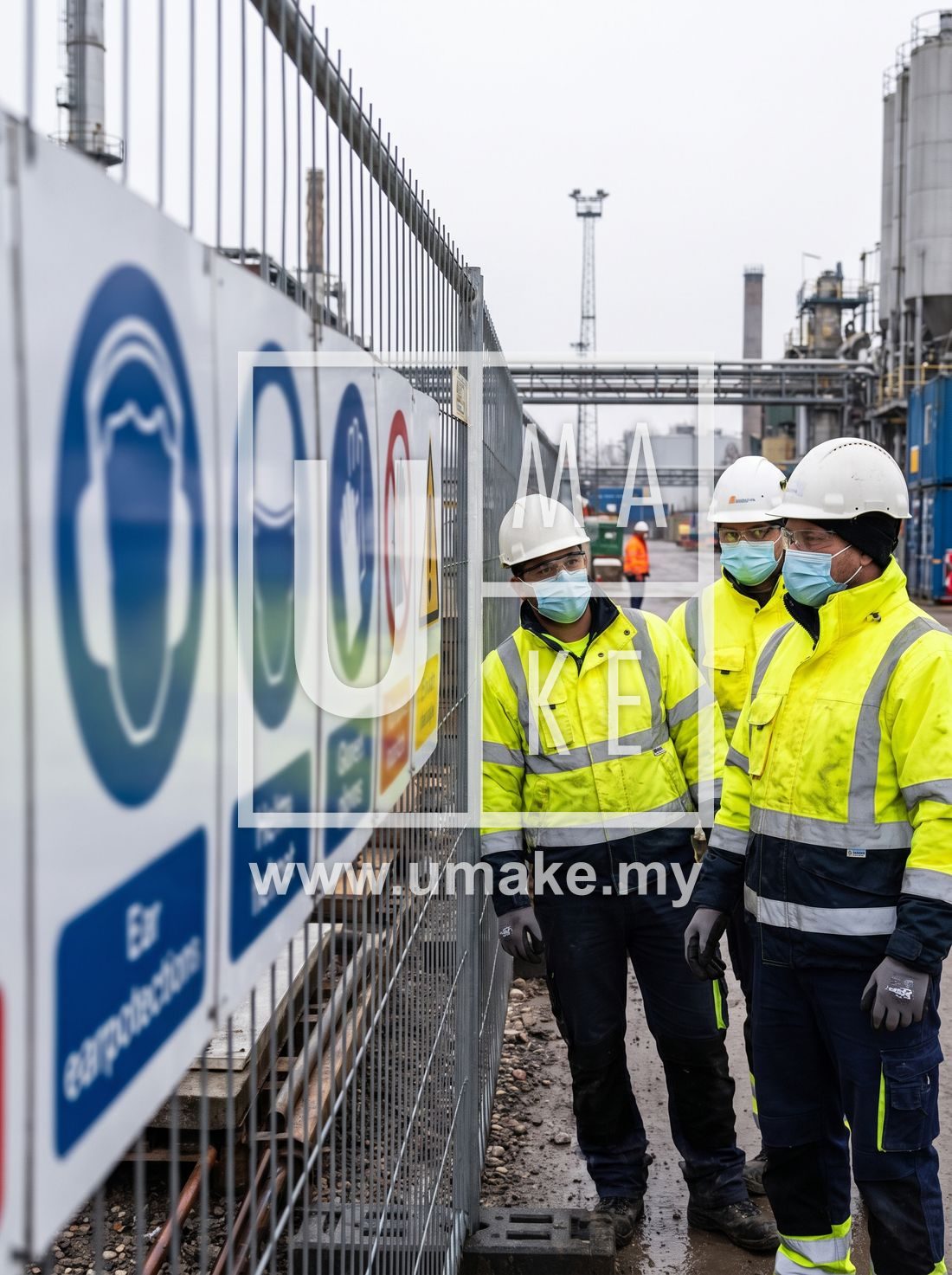 Workers in PPE beside mandatory safety signs