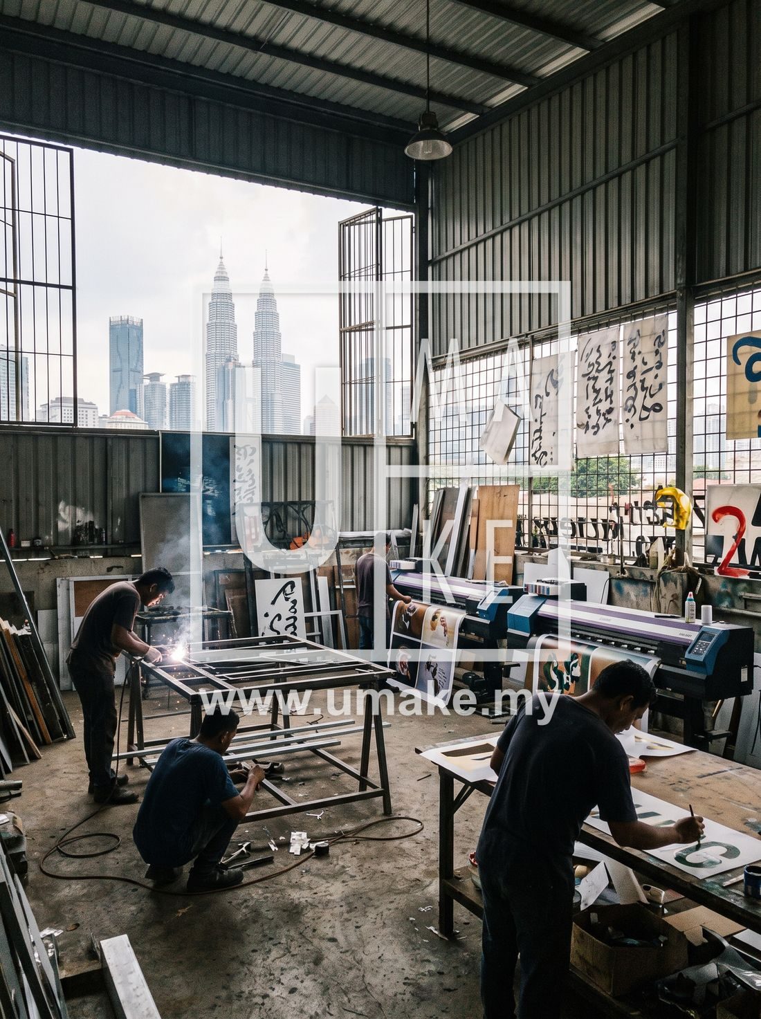 A busy signage workshop in Kuala Lumpur
