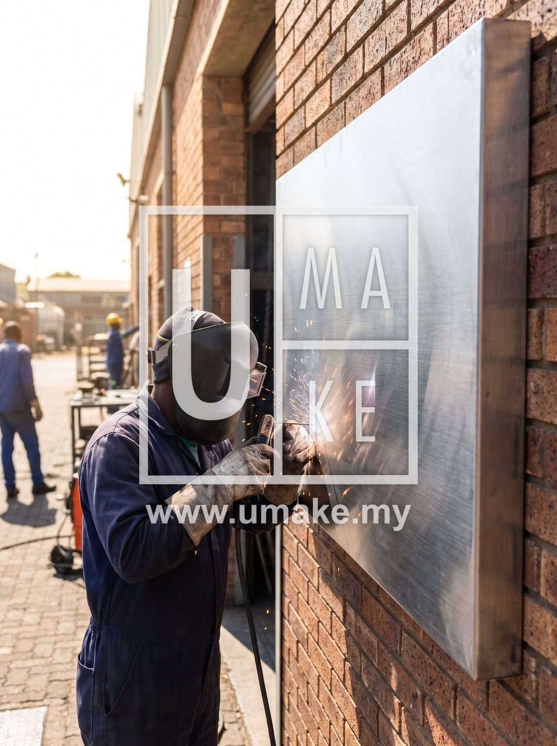 A worker welding a stainless steel signboard