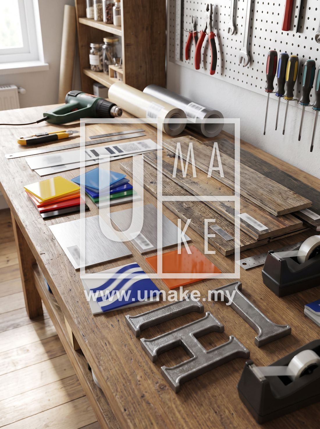 A workshop bench with signboard material samples