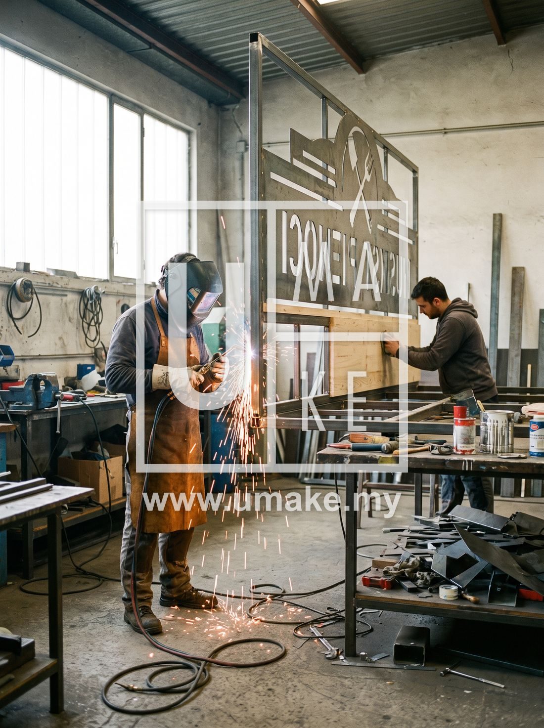 A signboard being fabricated in a workshop