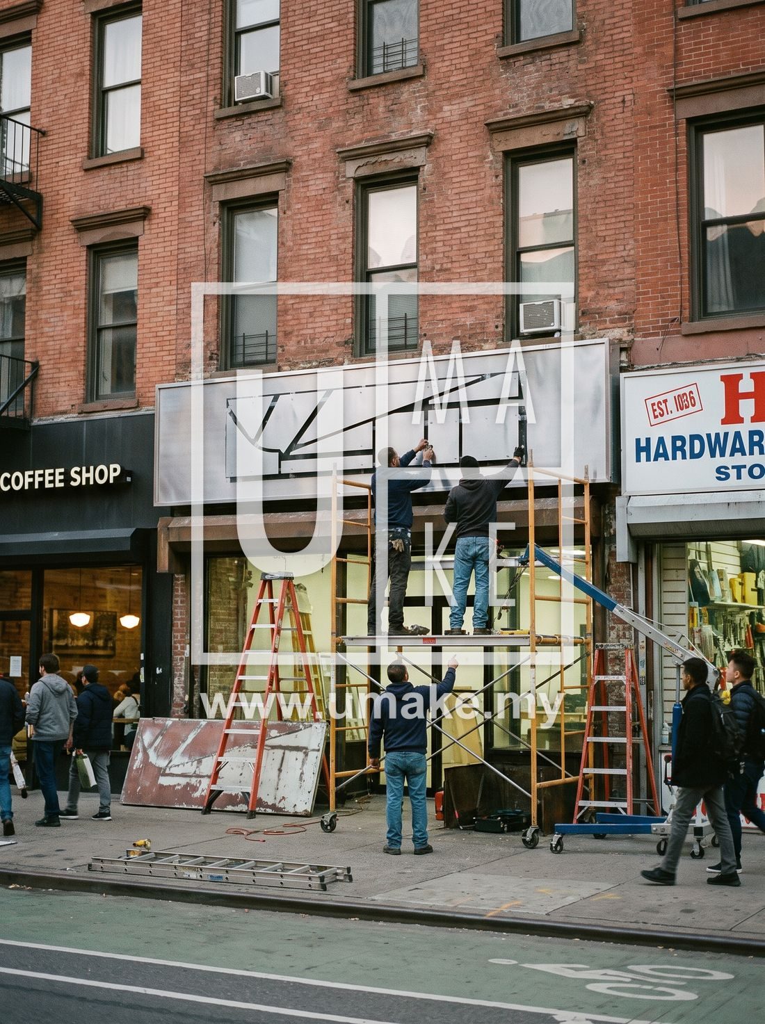 A shopfront getting a new signboard installed