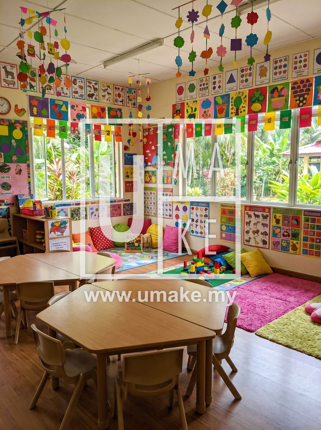 A bright colourful Malaysian kindergarten classroom with decor
