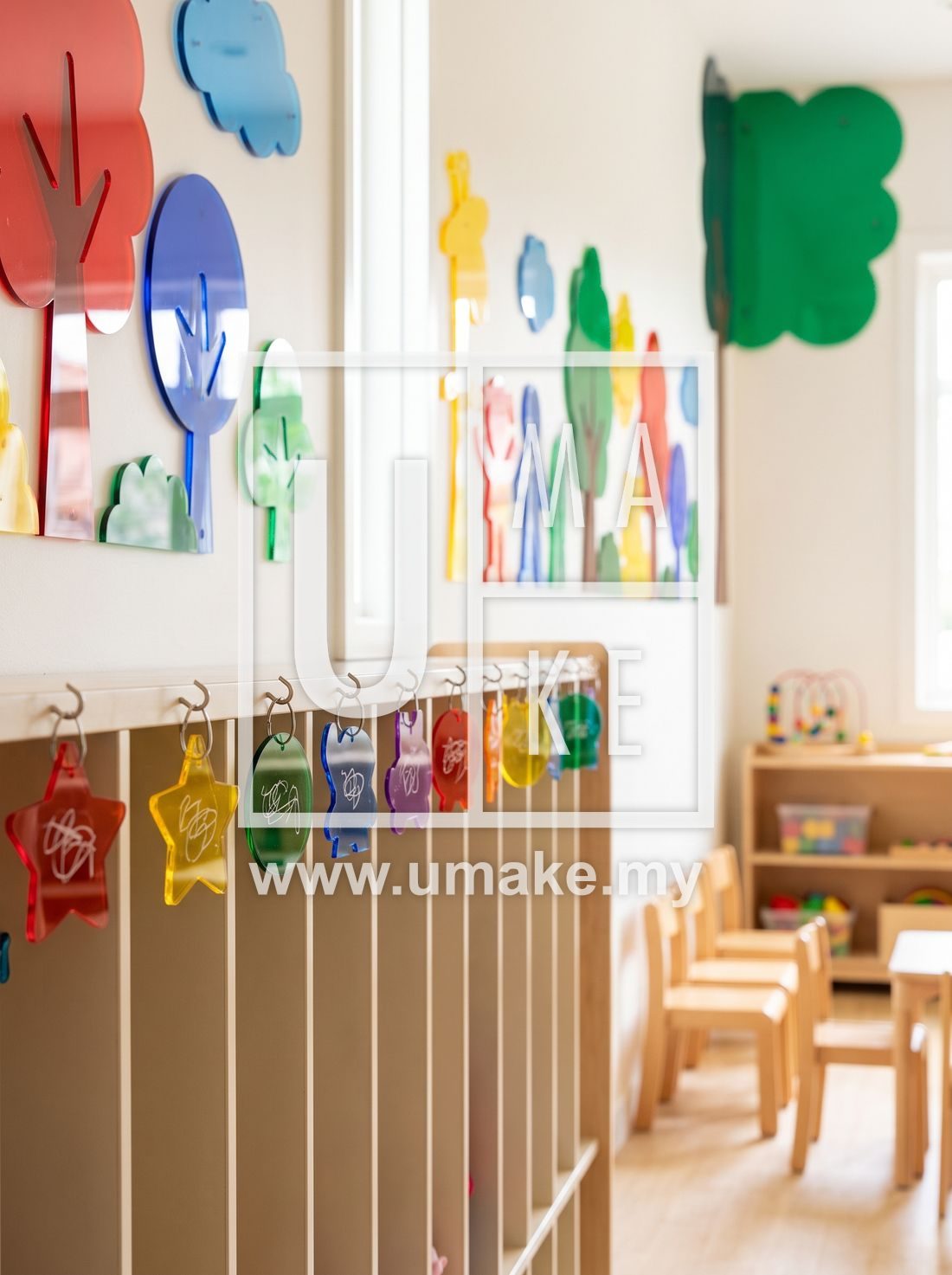 Children name tags and colourful acrylic wall decor in a preschool