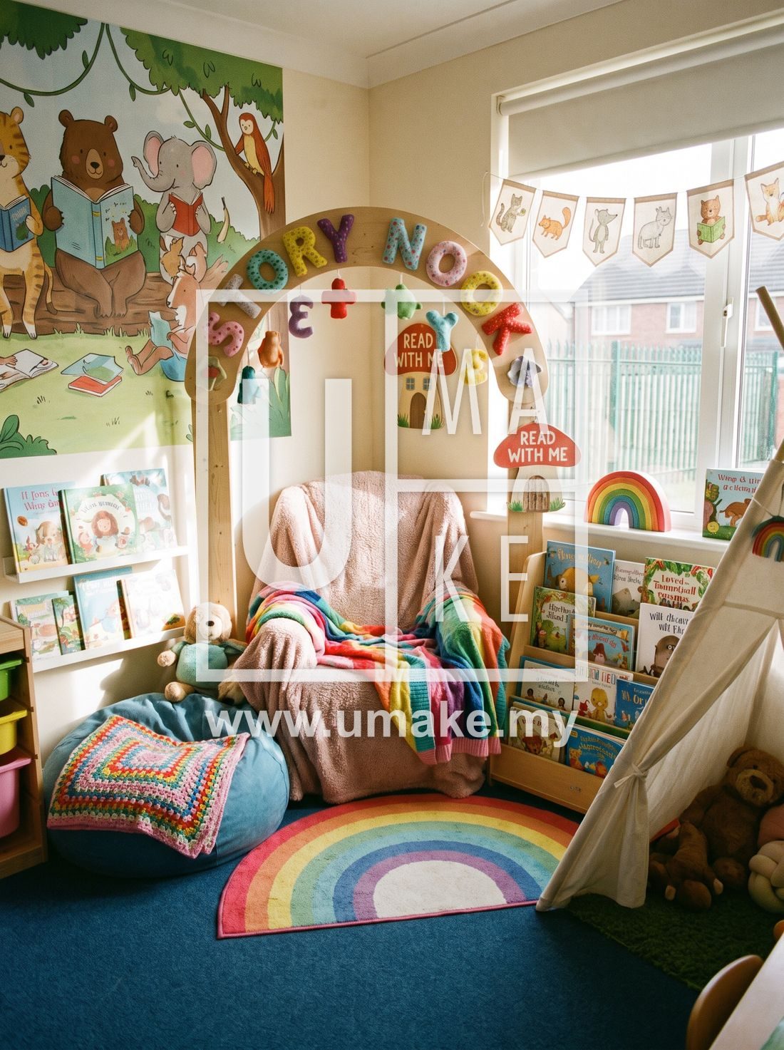 A cheerful preschool reading corner with playful signage