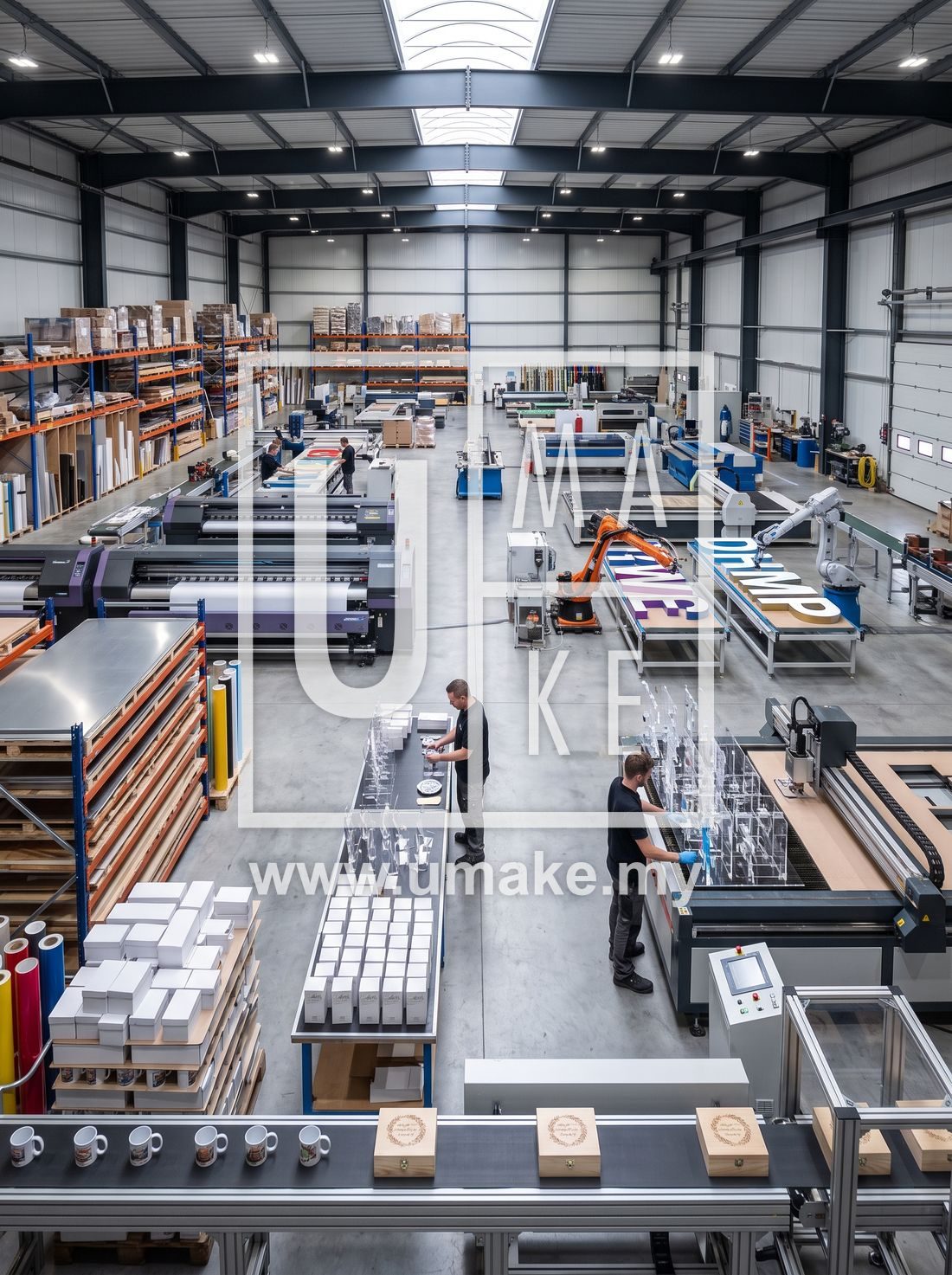 A large modern signage and gift manufacturing factory floor