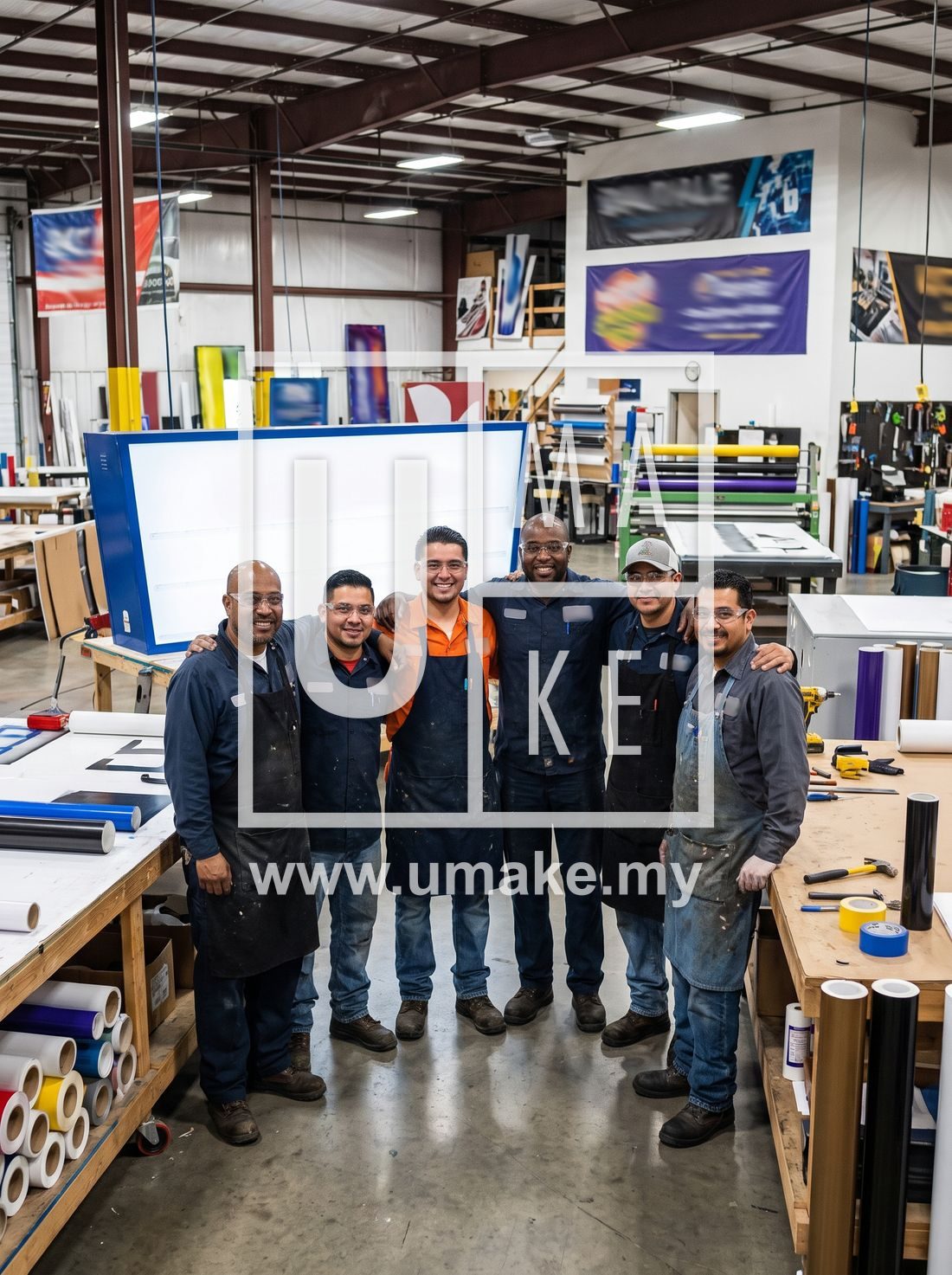 A proud team of workers in a signage workshop