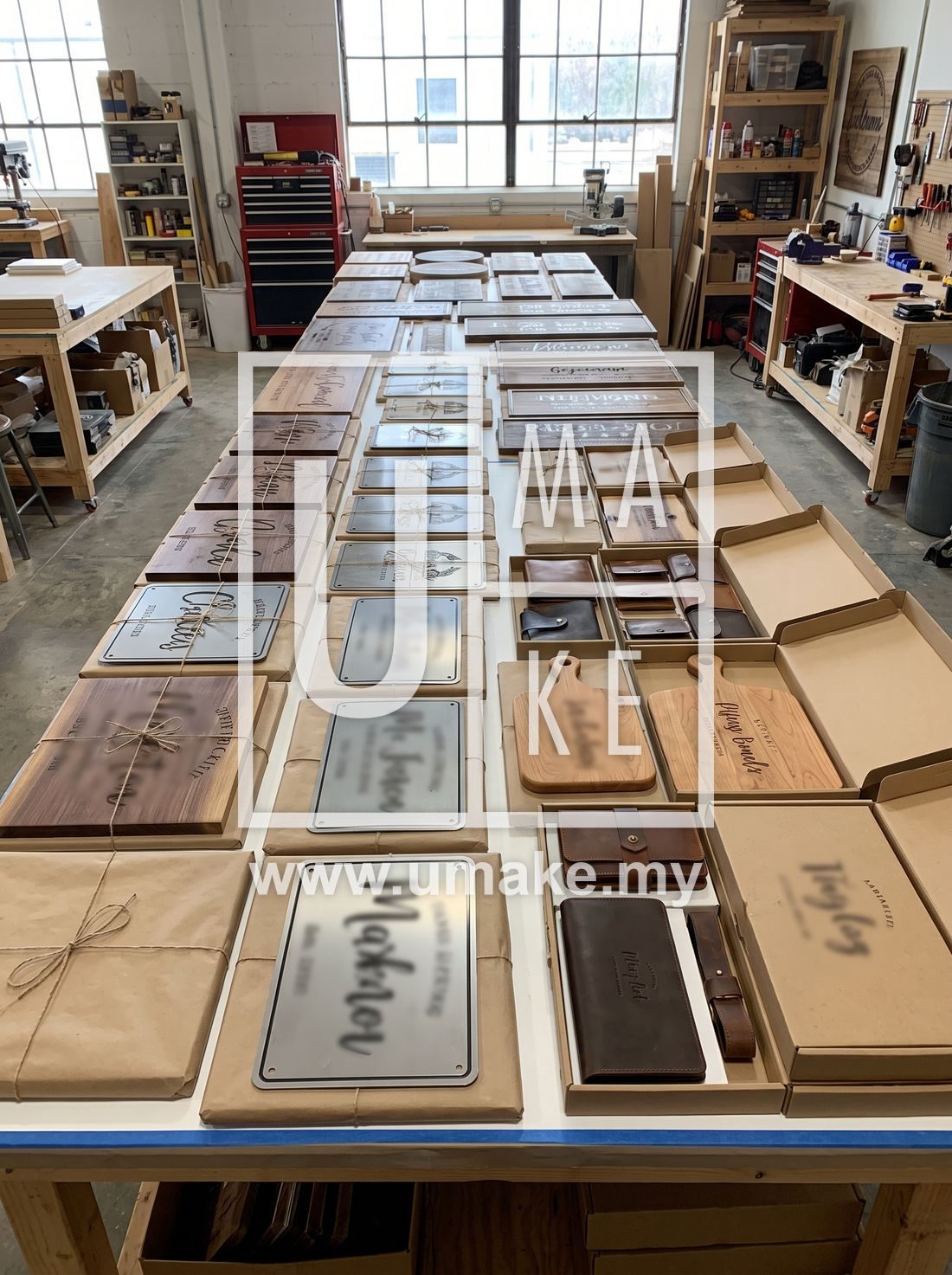 Rows of finished custom signs and gifts ready to ship